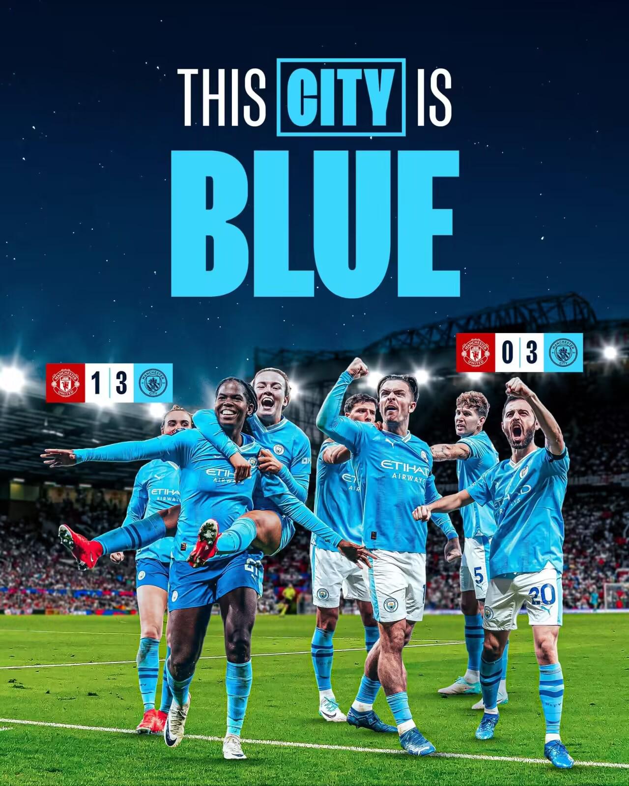 曼彻斯特是蓝色的曼城男女足均取得曼市德比胜利