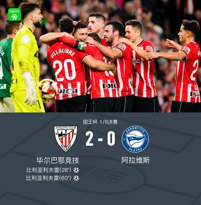 毕尔巴鄂竞技2-0阿拉维斯，比利亚利夫雷包办2球