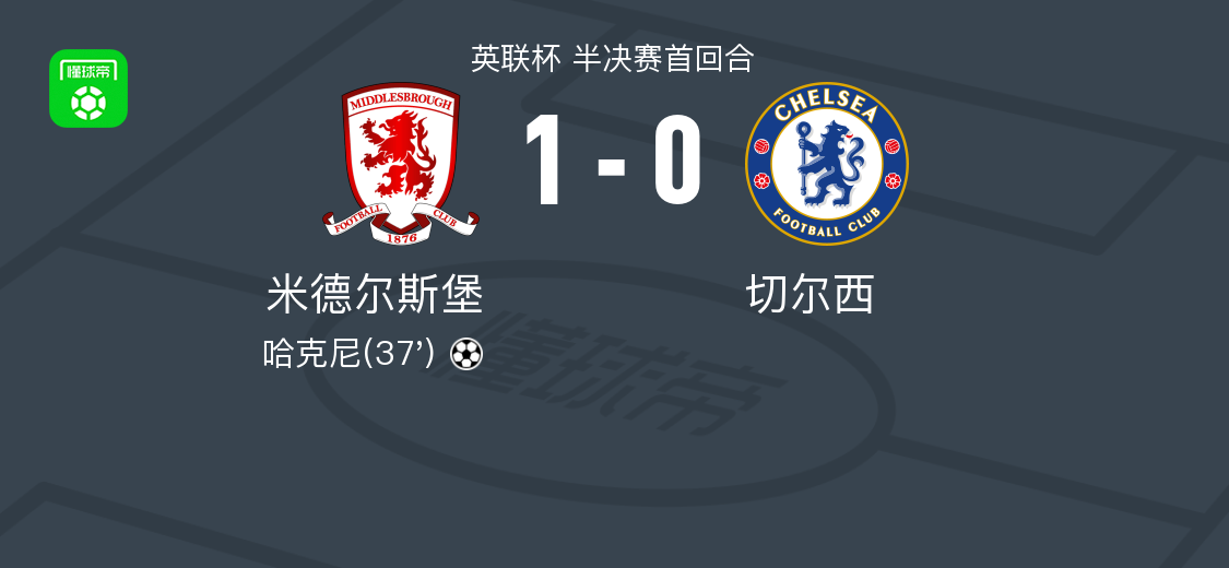 米德尔斯堡1-0切尔西，哈克尼制胜