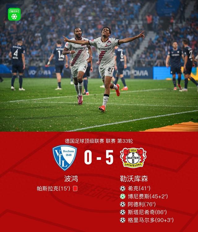 勒沃库森5-0波鸿迎来50场不败，阿图尔两助，斯