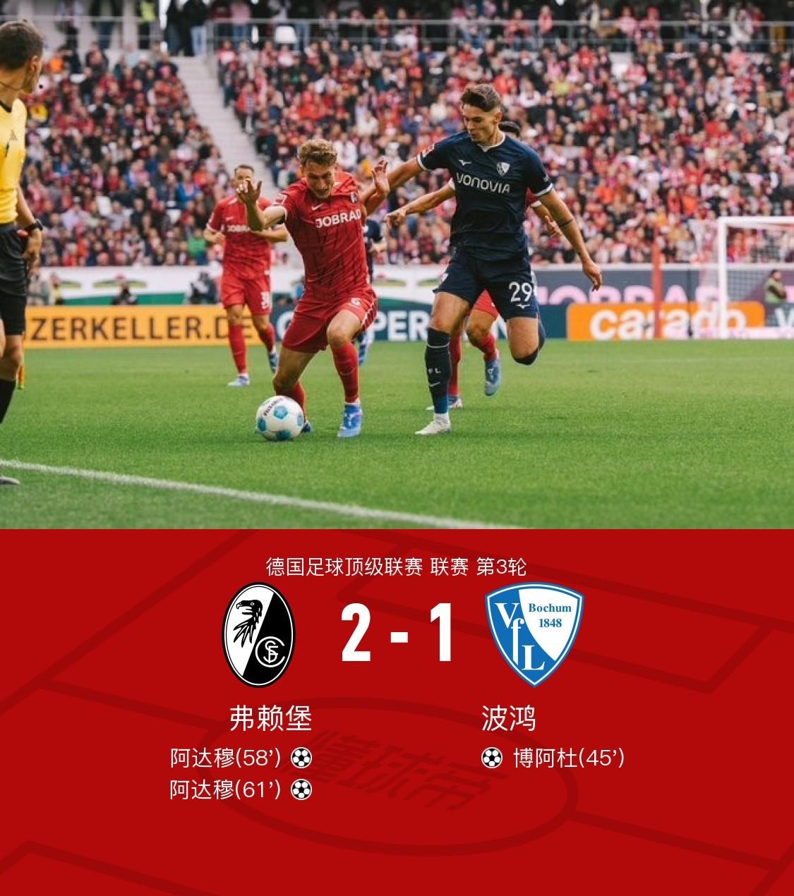 弗赖堡2-1逆转波鸿，阿达穆梅开二度，博阿杜破