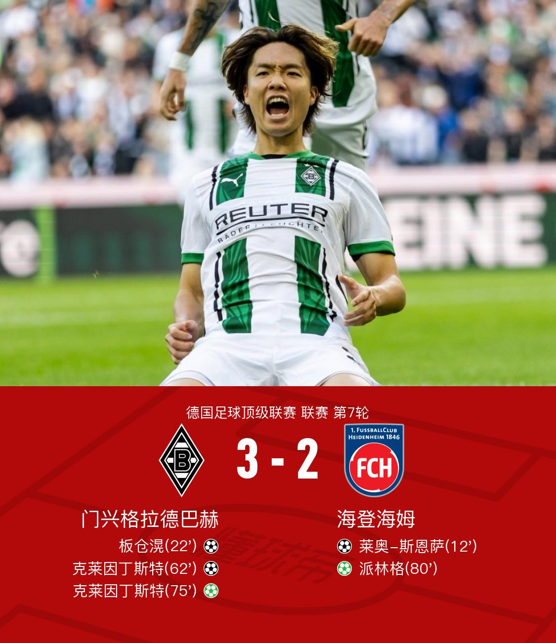 门兴3-2海登海姆，板仓滉破门，克莱因丁斯特双