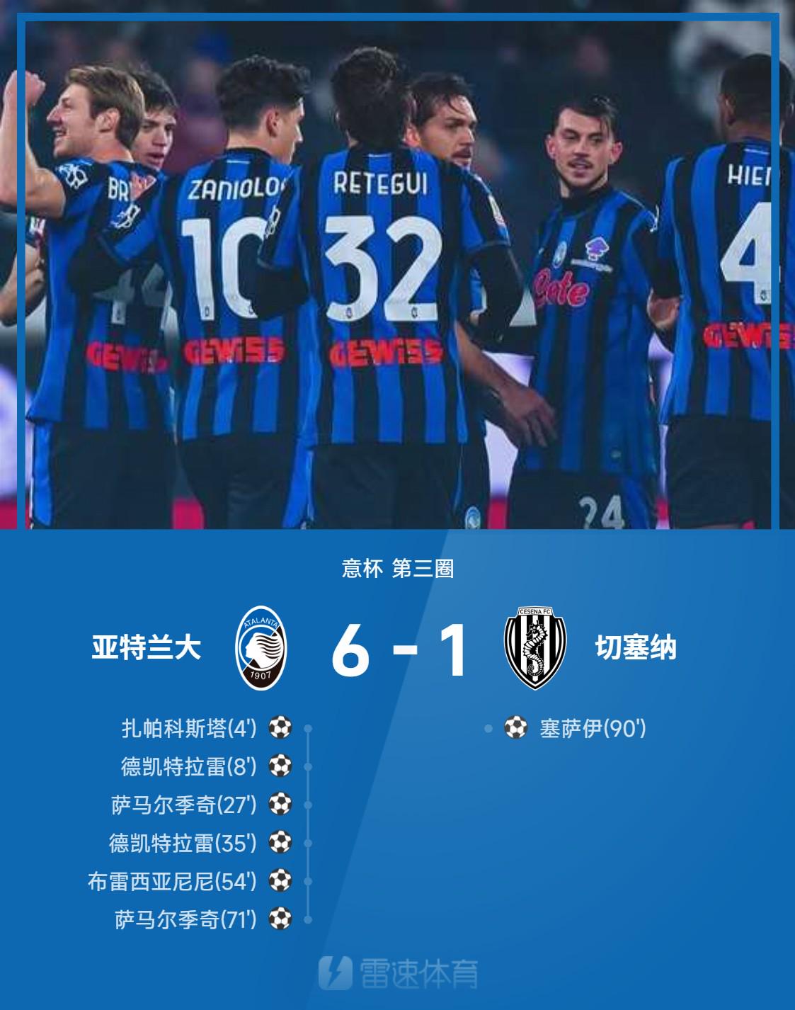 ⚽意大利杯战报：萨马尔季奇两射一传，亚特兰大6-1大胜切塞纳晋级