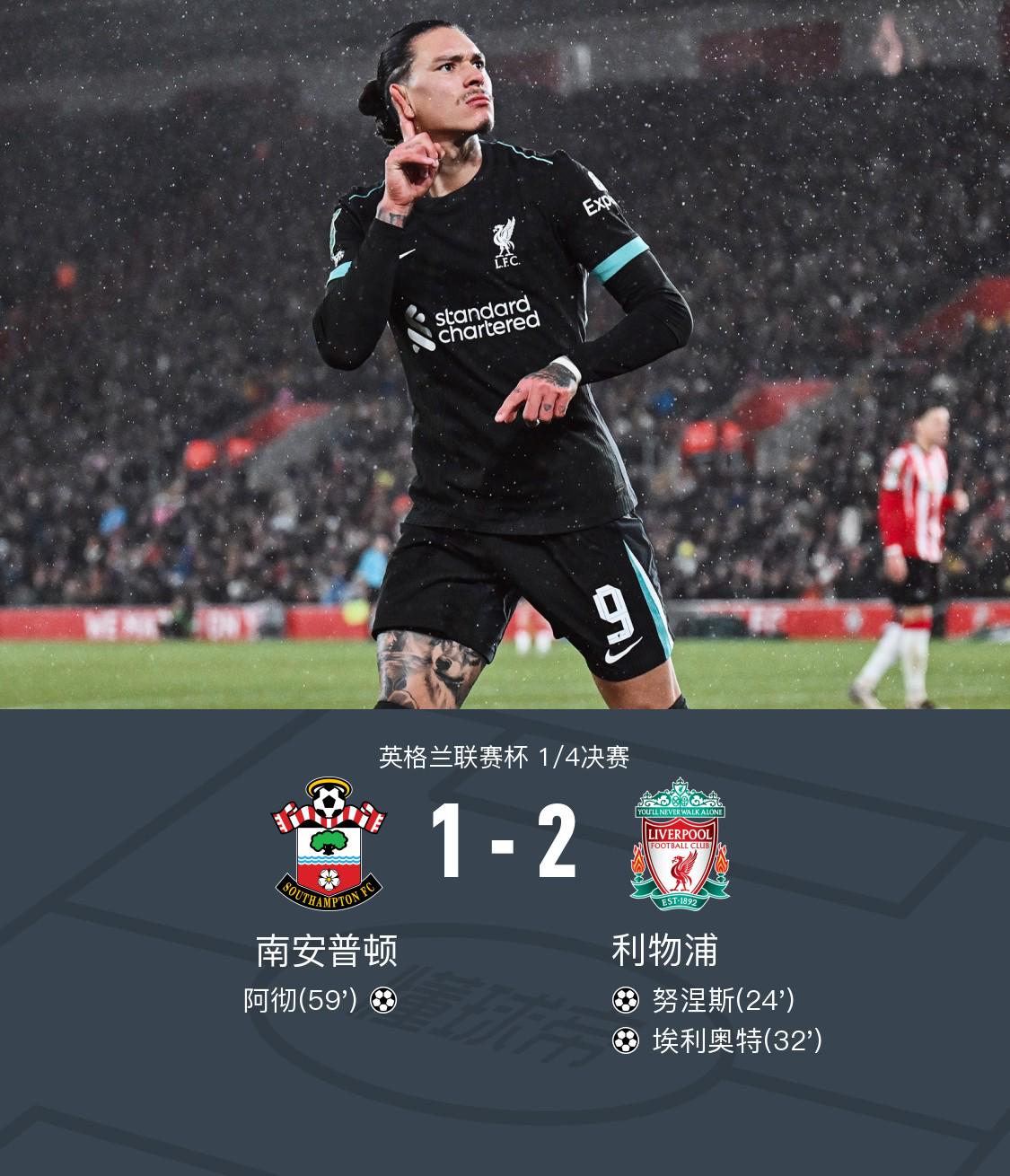 英联杯利物浦2-1南安普顿晋级四强，努涅斯、埃利奥特建功