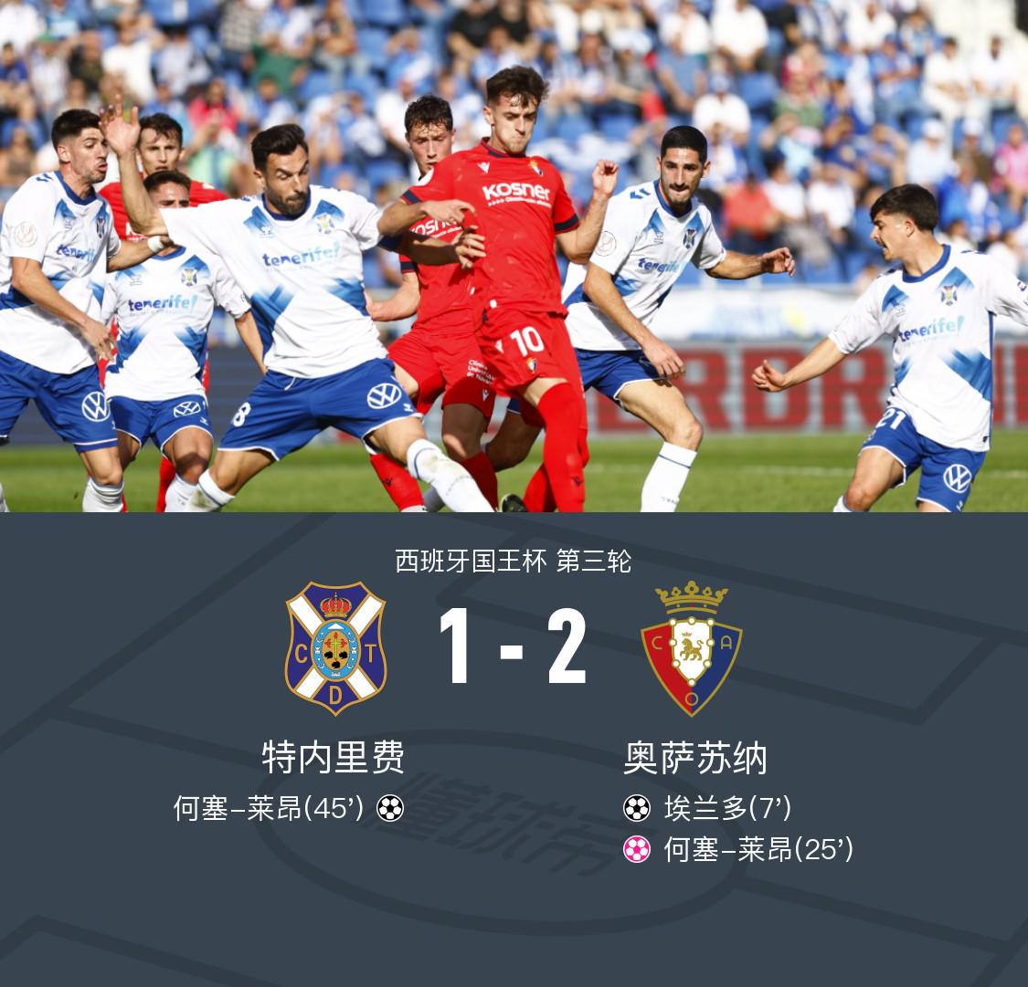 奥萨苏纳2-1客胜特内里费，埃兰多建功，莱昂自摆乌龙+破门