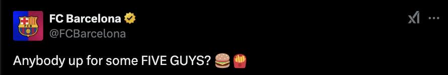 国家德比打进5球，巴萨官方：有人想吃FIVE GUYS