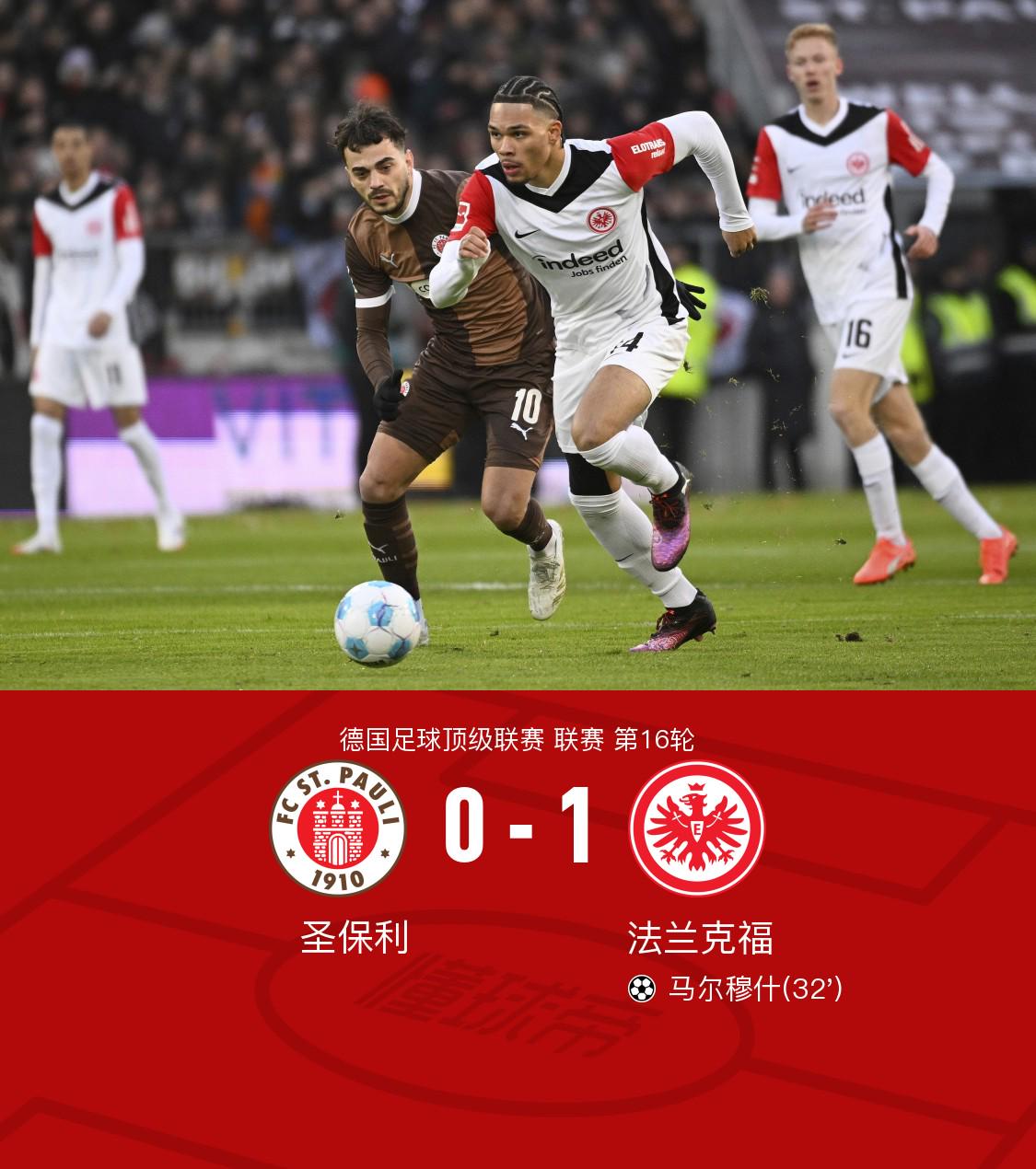 法兰克福客场1-0圣保利终结五场不胜，马尔穆什