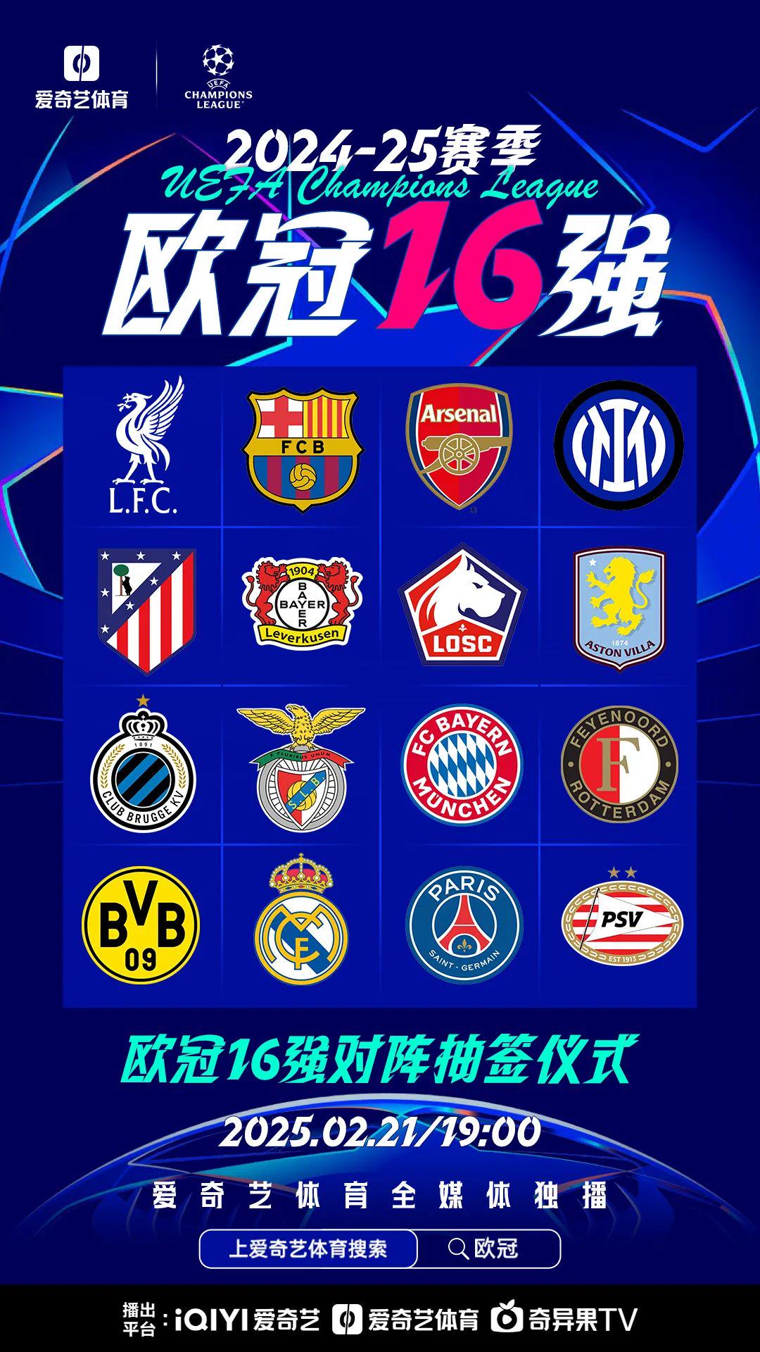 欧冠16强出炉！1/8决赛或上演马德里德比 明日抽签