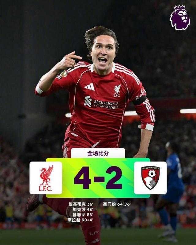 【英超】埃基蒂凯双响基耶萨绝杀！利物浦4比2险胜