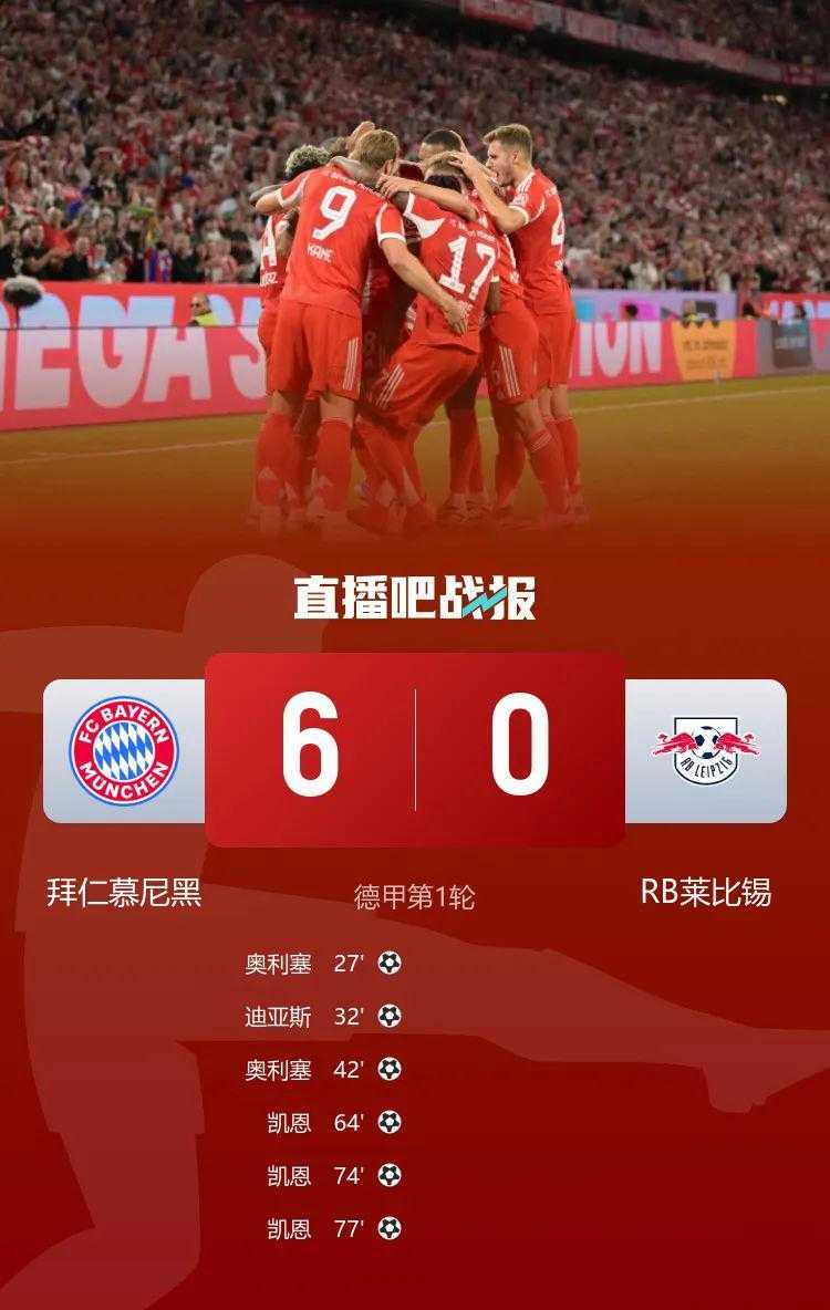 你没看错！新赛季德甲首轮拜仁6:0战胜莱比锡